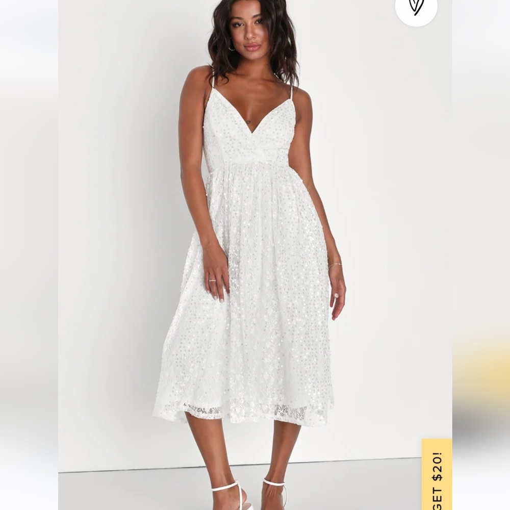 Lulu's White Eyelet Midi Dress with Spaghetti Straps
